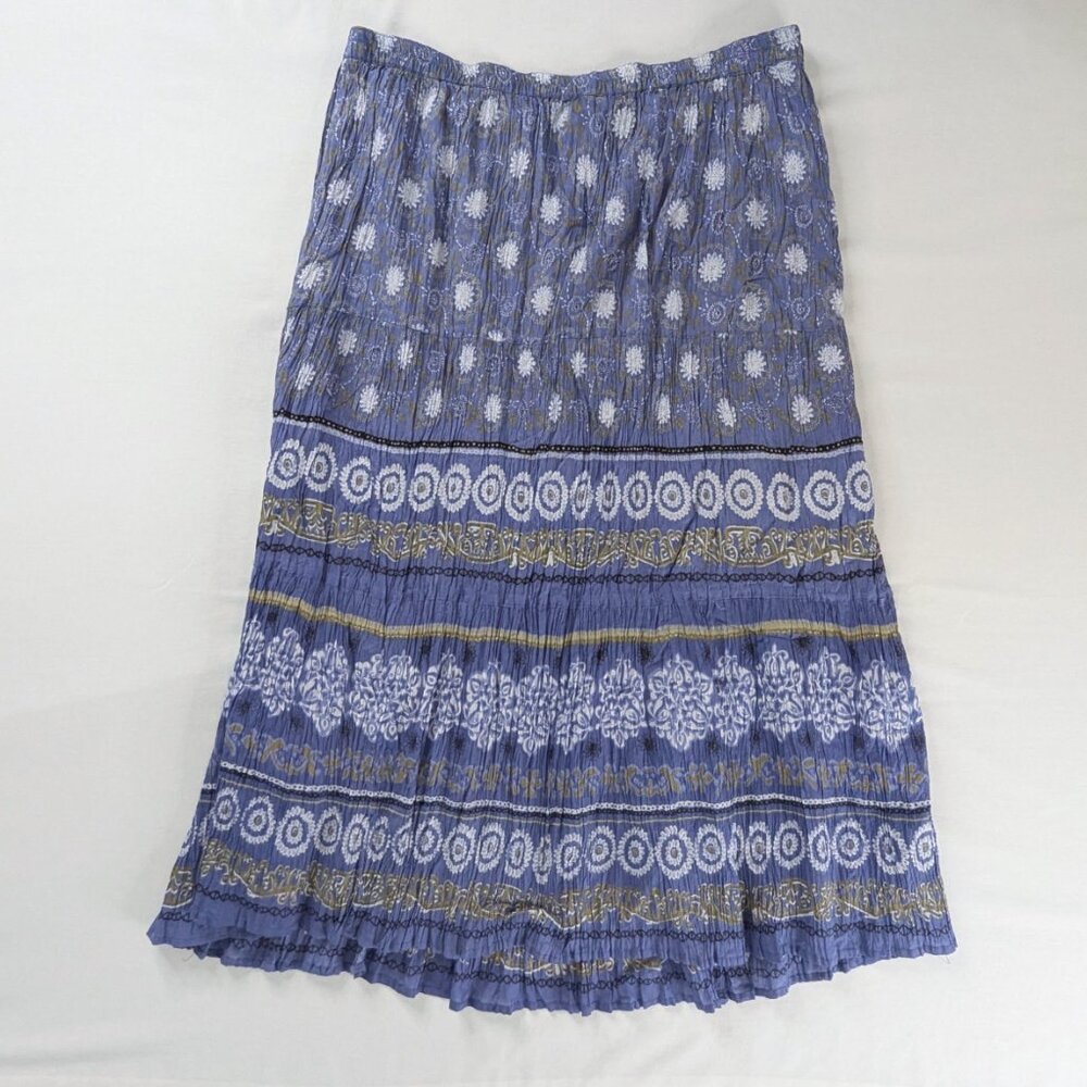 Y2k Blue White Boho Floral Multi Print Gauzy Cotton Lined Tiered Maxi Skirt